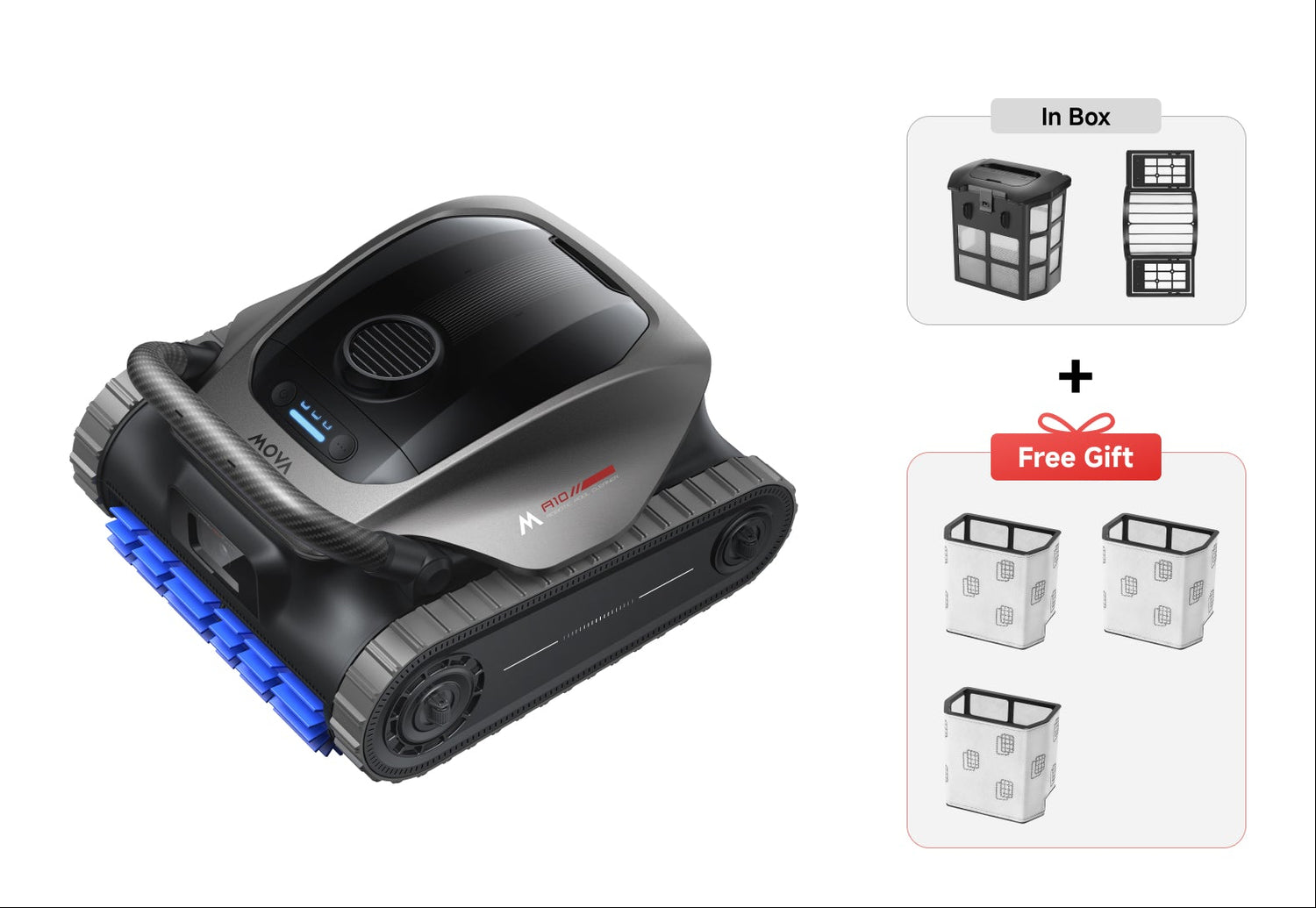 Robotic vacuum cleaner with additional filters included in the box on a white background