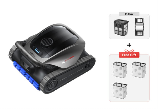 Robotic vacuum cleaner with additional filters included in the box on a white background