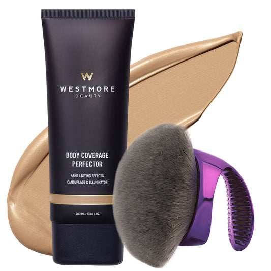Westmore Beauty Body Coverage Perfector makeup kit featuring a black squeeze tube, a large metallic gold cream swatch, a gray makeup brush, and a purple electric brush attachment, all on a white background.