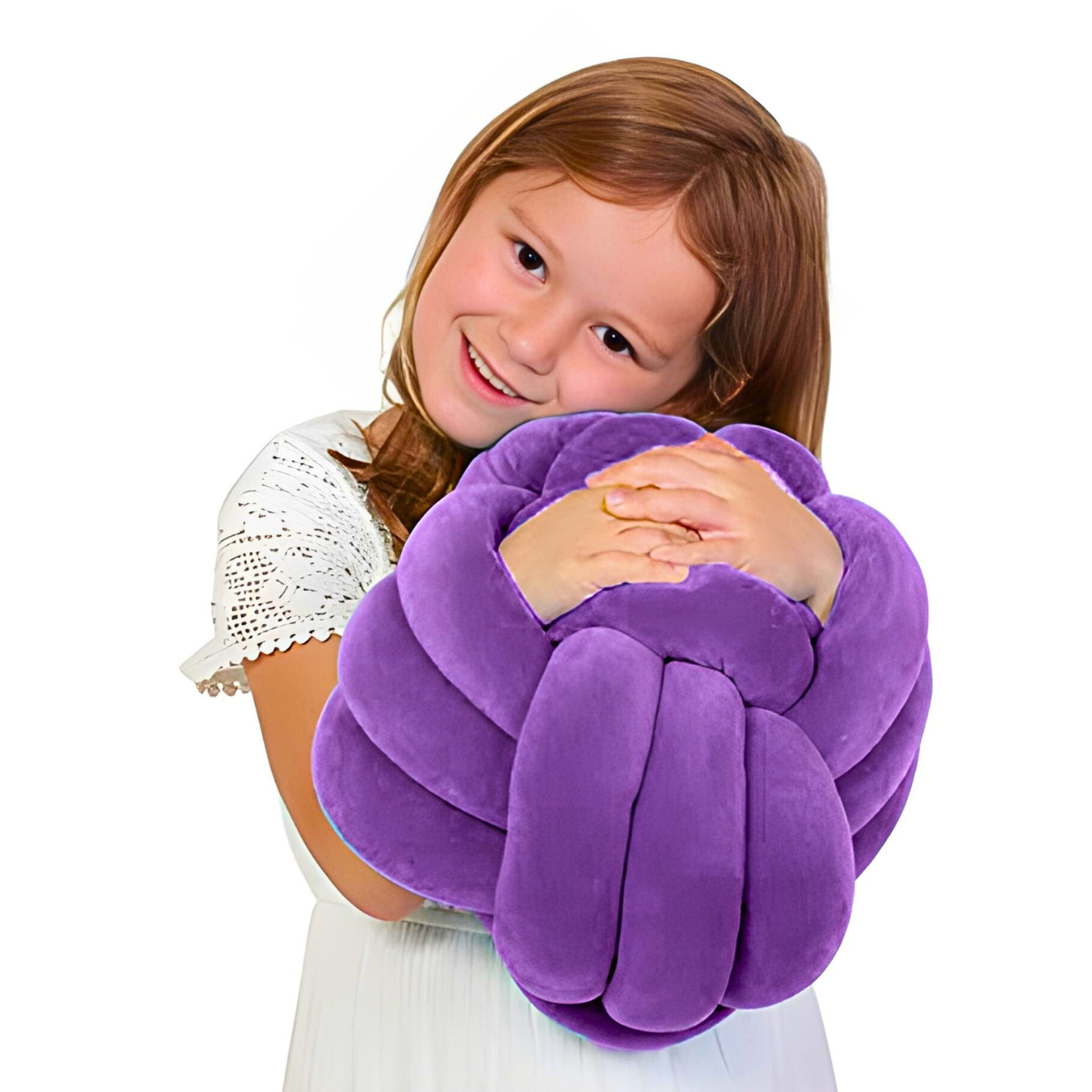 Child holding a purple plush toy against a white background
