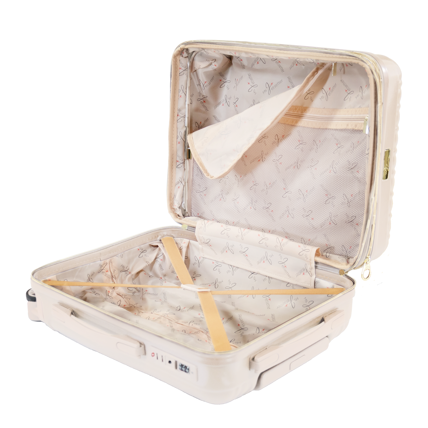 Beige suitcase with floral interior on a white background