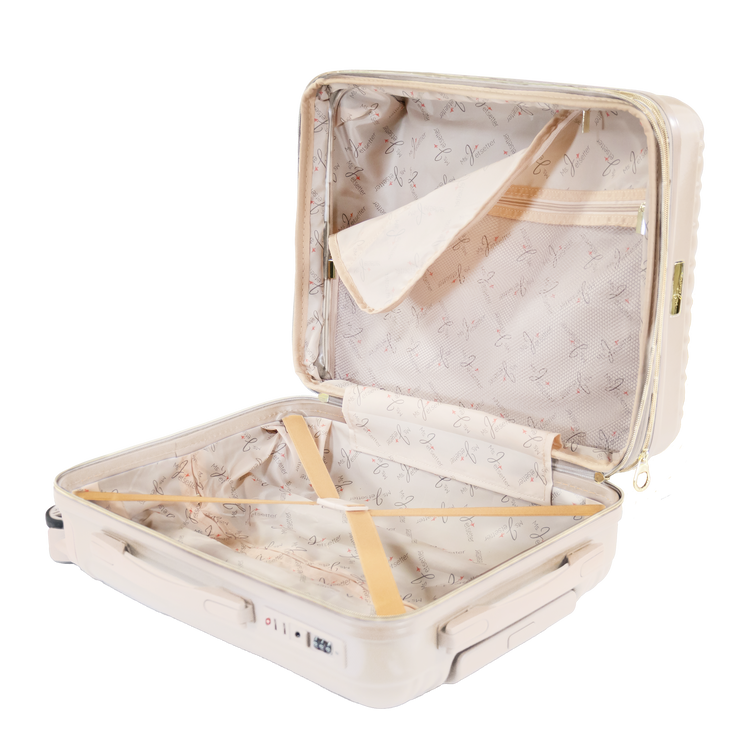 Beige suitcase with floral interior on a white background