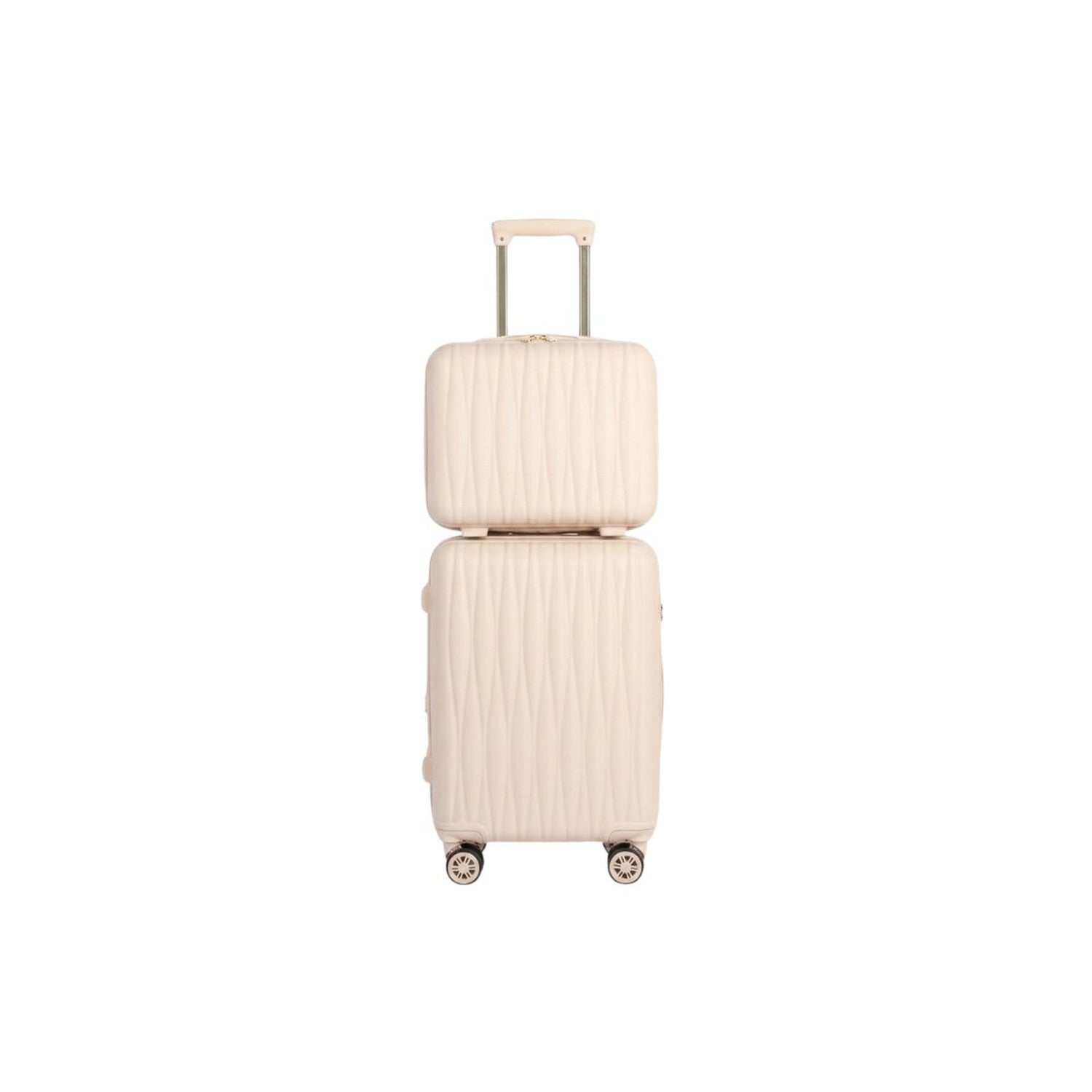Beige suitcase with ribbed texture on a white background