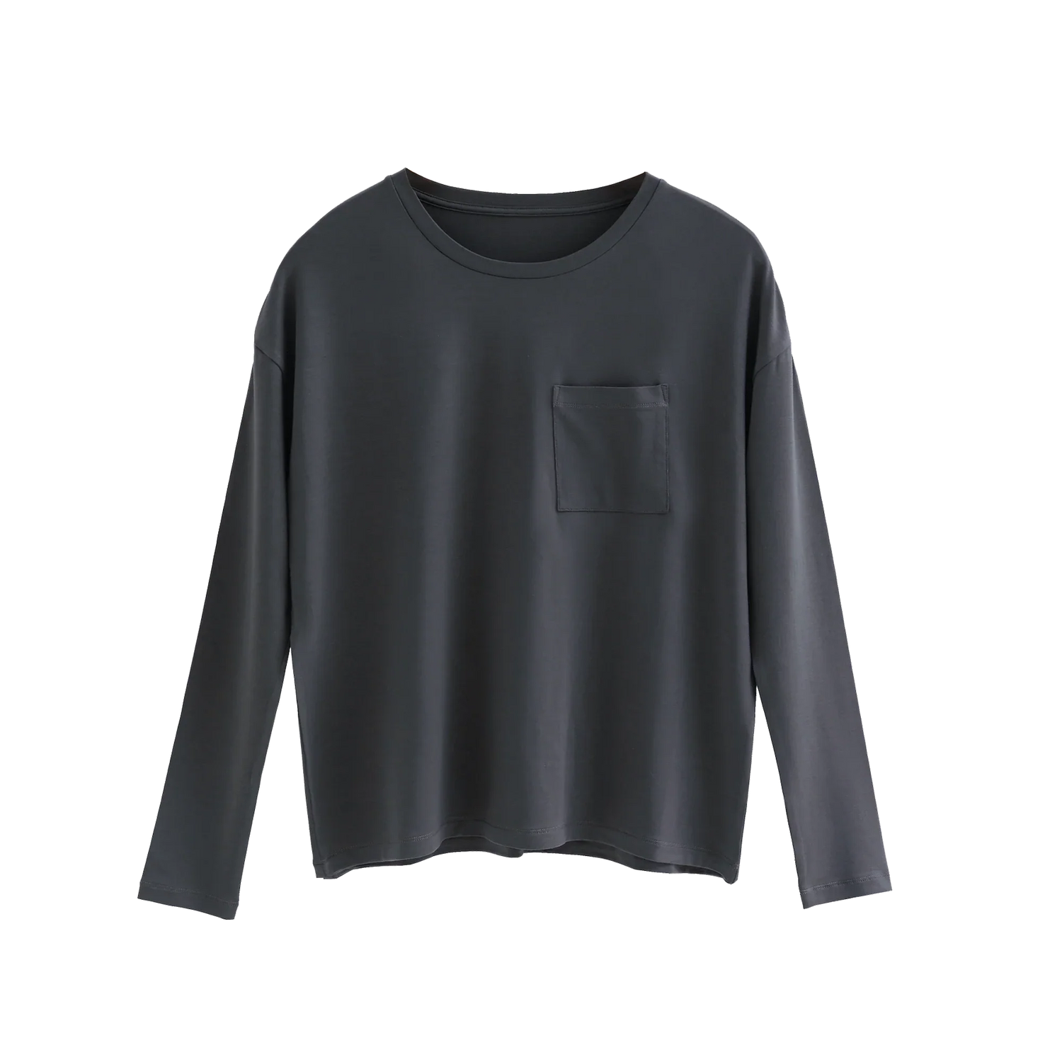 Dark gray long-sleeve shirt with a pocket on a white background