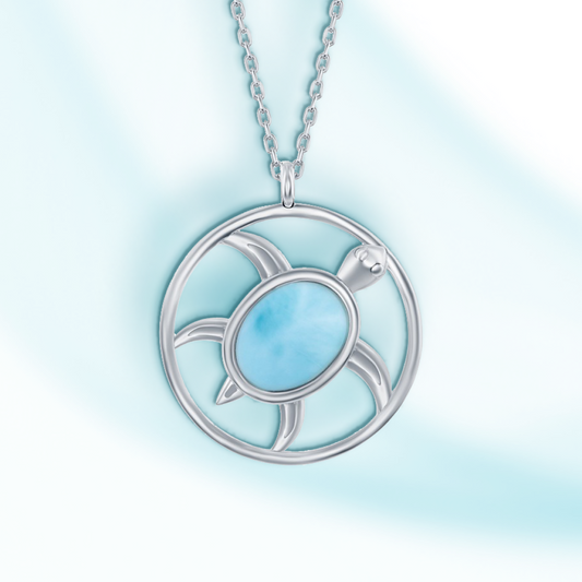 Sterling Silver Oval Larimar Turtle Round Necklace