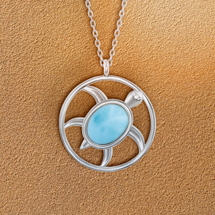Sterling Silver Oval Larimar Turtle Round Necklace