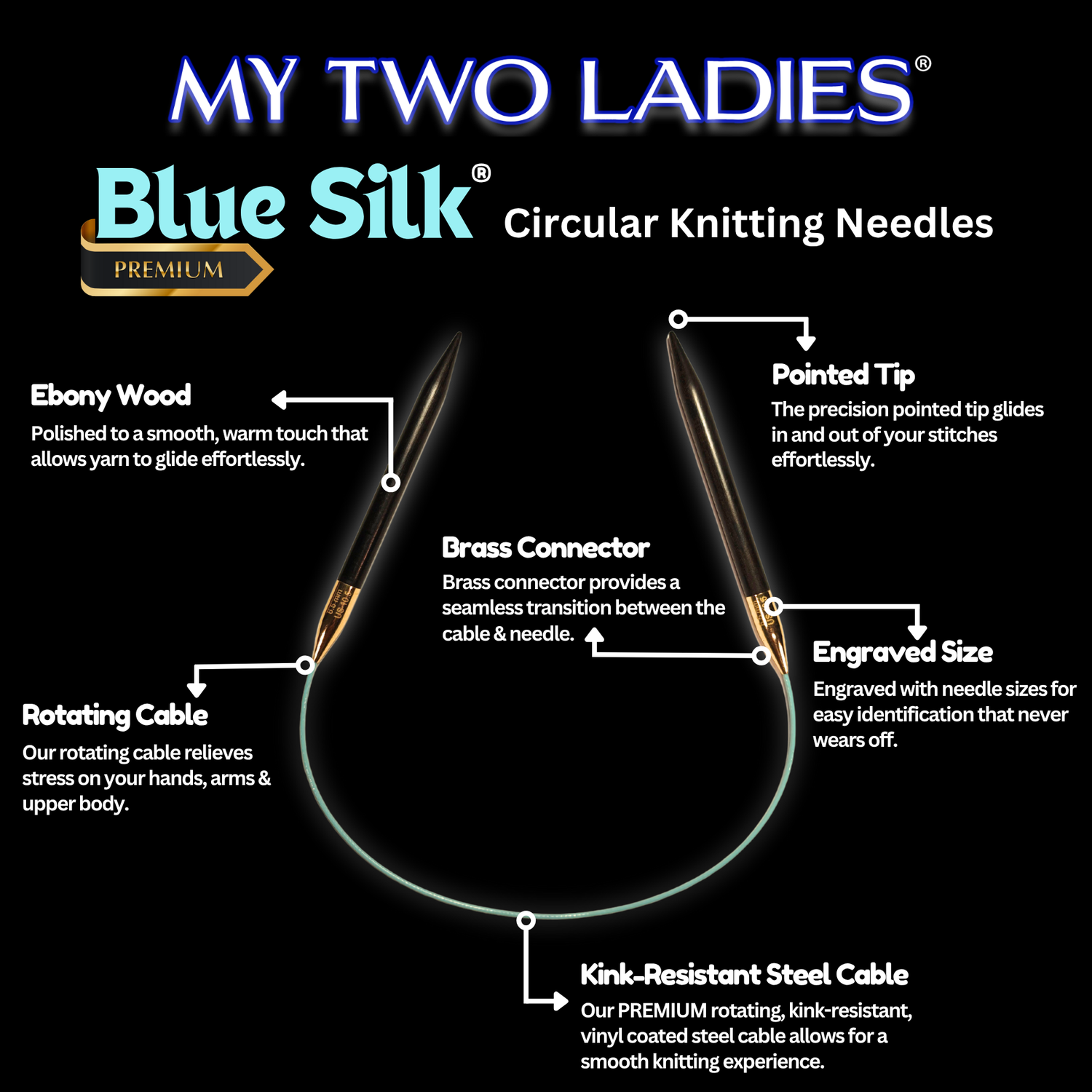 Blue Silk circular knitting needles with features highlighted on a black background