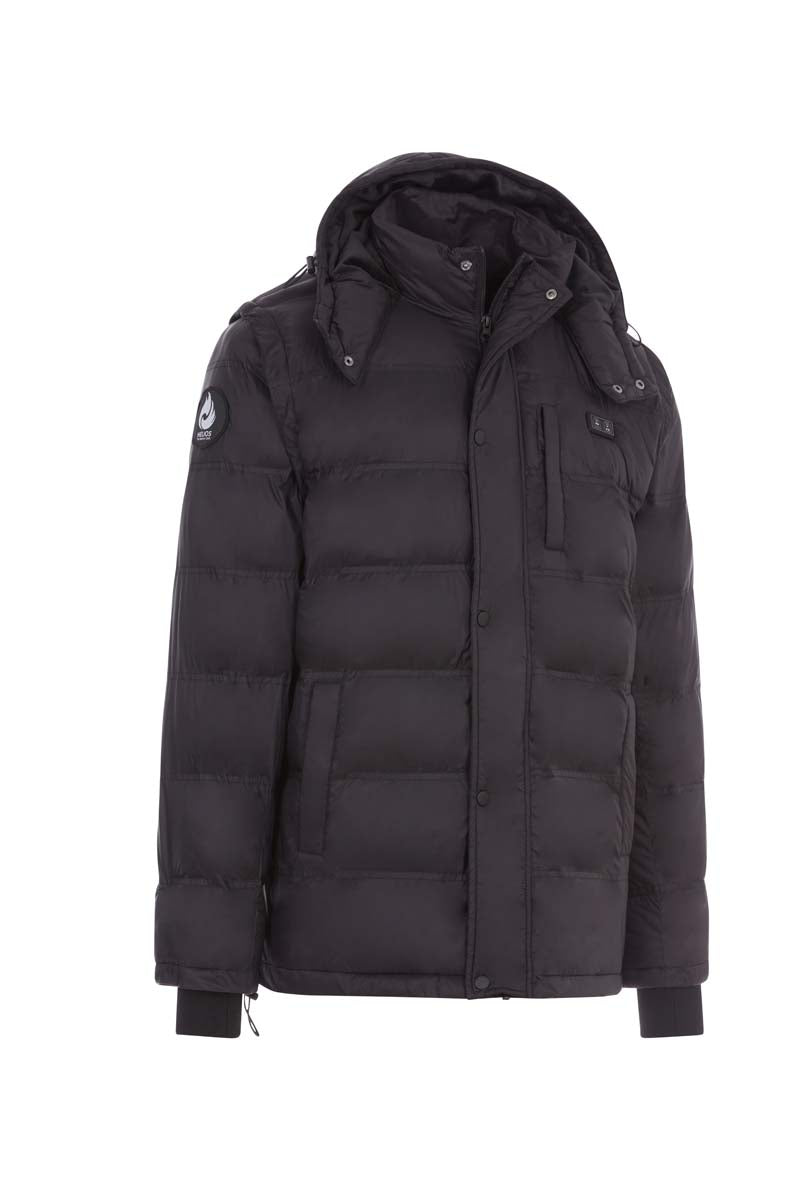 Black puffer jacket with a hood on a white background