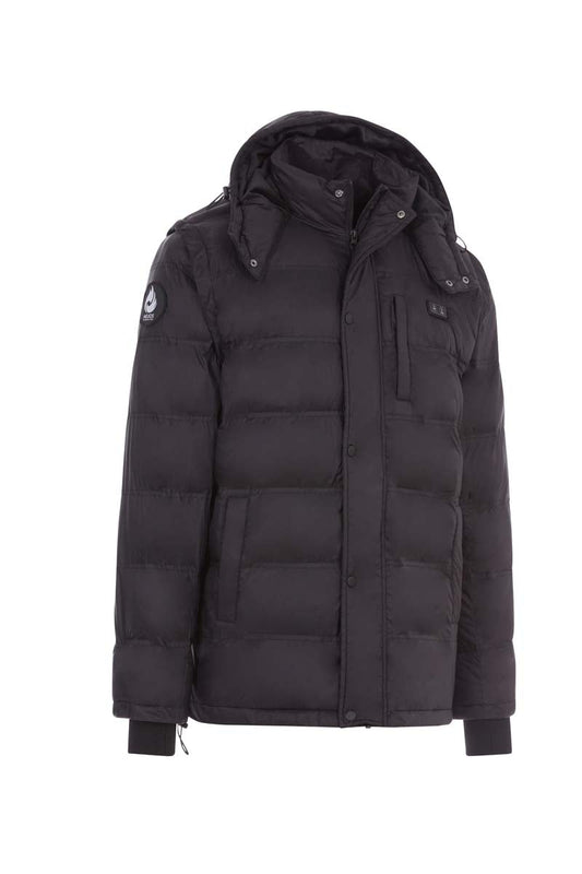 Black puffer jacket with heated back panels on a white background