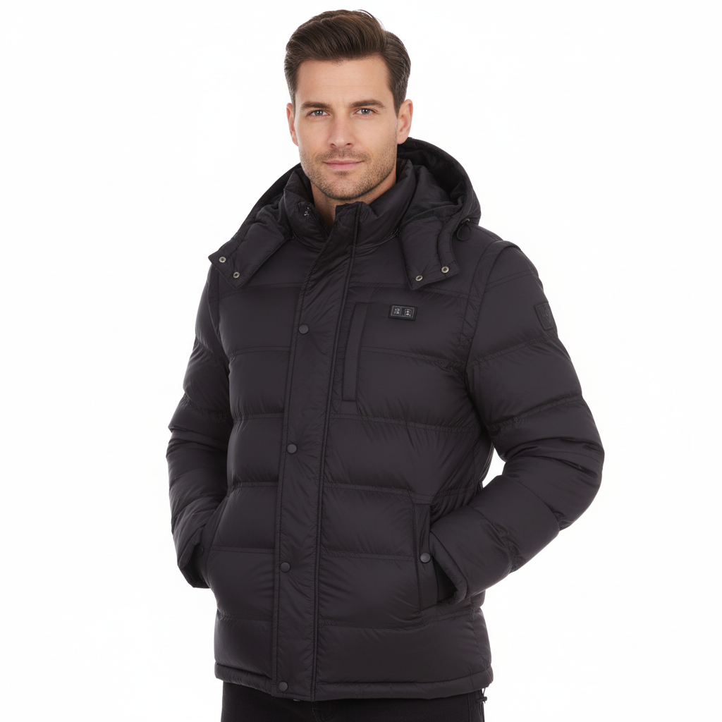 Man wearing a black winter jacket on a white background
