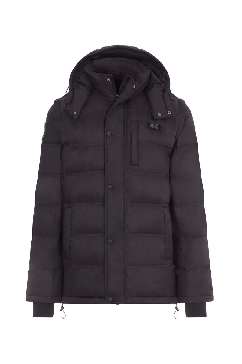 Black puffer jacket with a hood on a white background