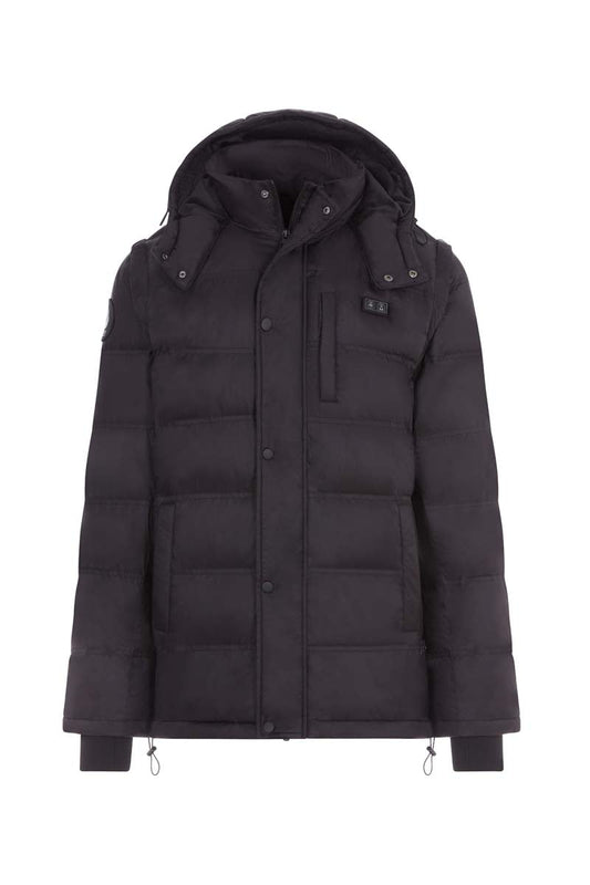 Black puffer jacket with heated back panels on a white background