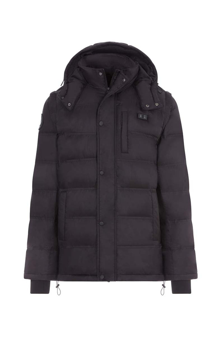 Black puffer jacket with a hood on a white background
