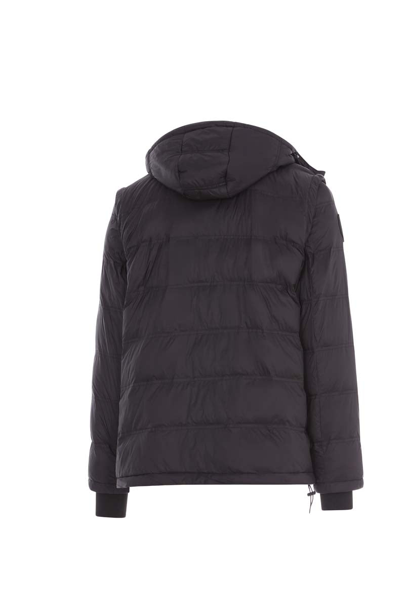 Black puffer jacket with a hood on a white background
