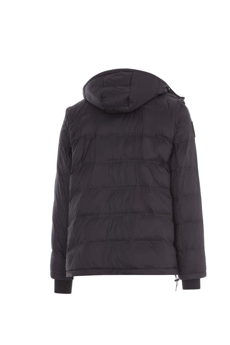 Black puffer jacket with a hood on a white background
