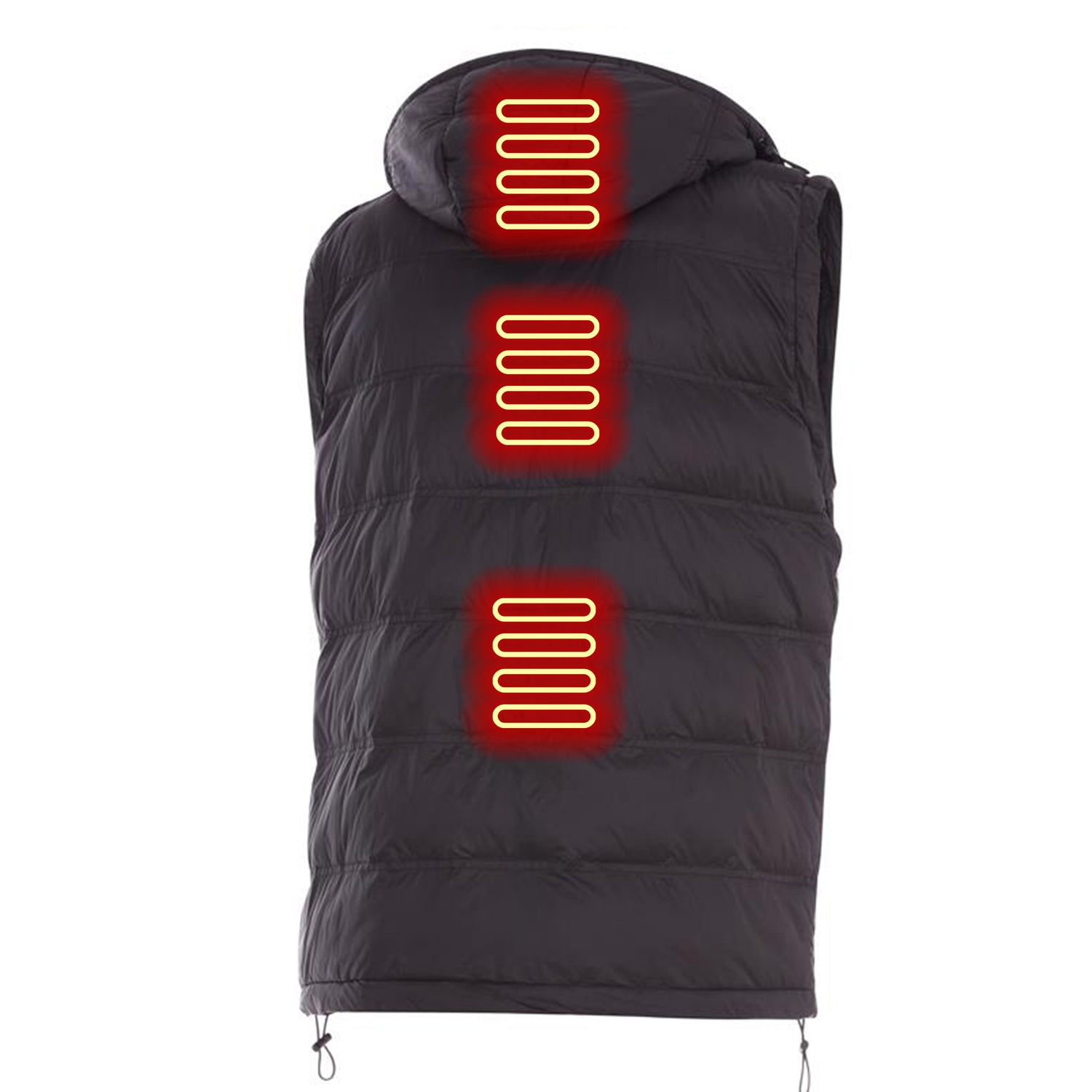 Black heated vest with glowing red heating elements on a white background