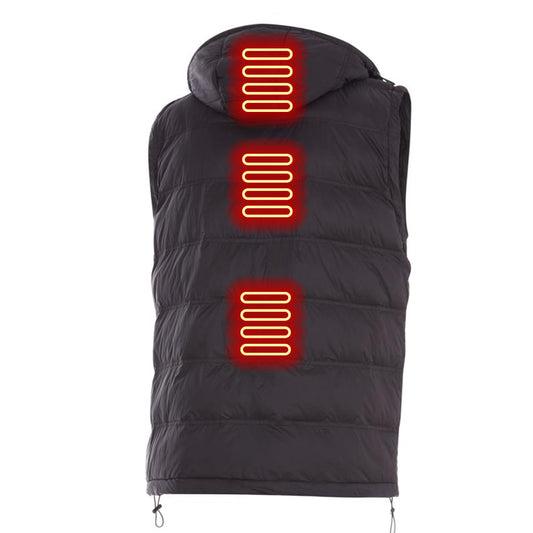 Black puffer jacket with heated back panels on a white background