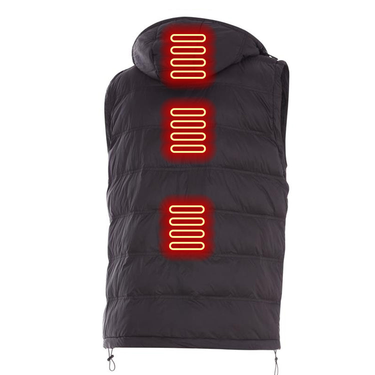 Black heated vest with glowing red heating elements on a white background