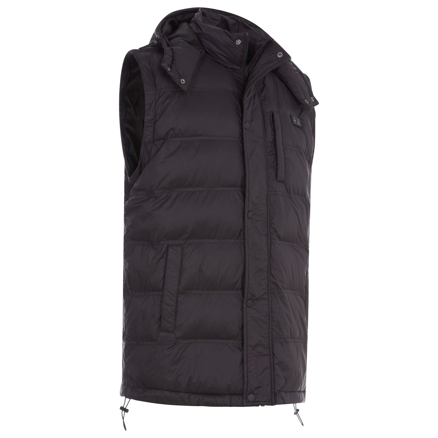 Black puffer vest on a white background