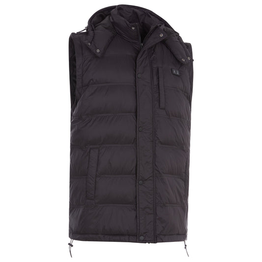Black puffer jacket with heated back panels on a white background