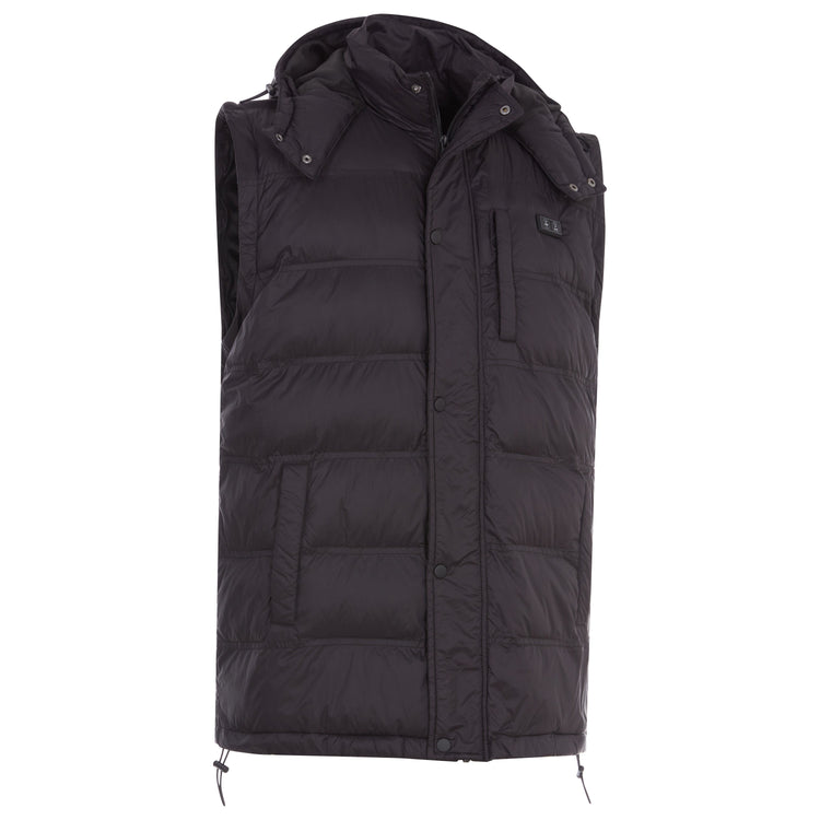 Black puffer vest on a white background