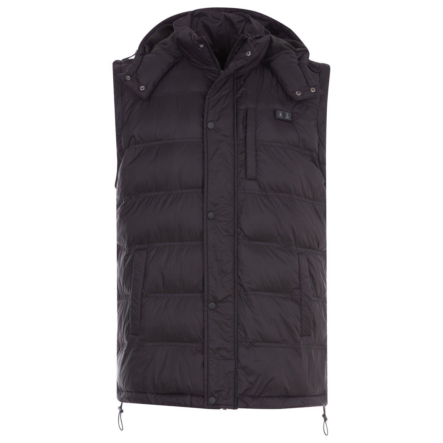 Black puffer vest with a hood on a white background