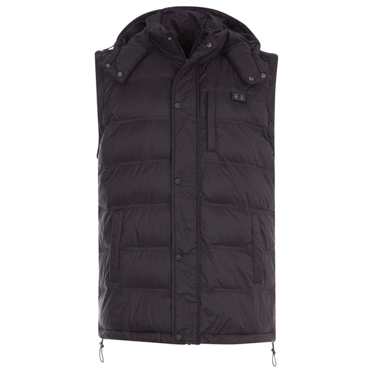 Black puffer jacket with heated back panels on a white background