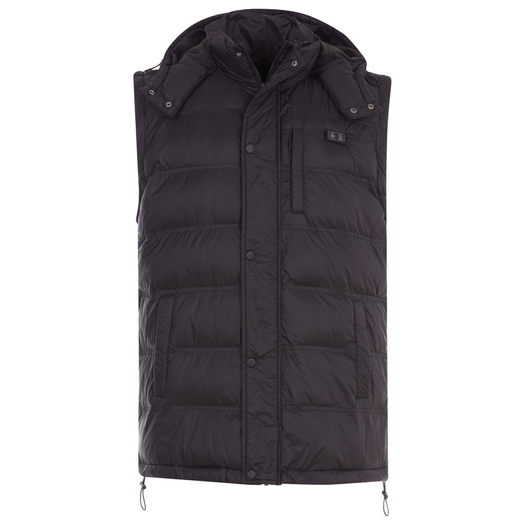 Black puffer vest with a hood on a white background