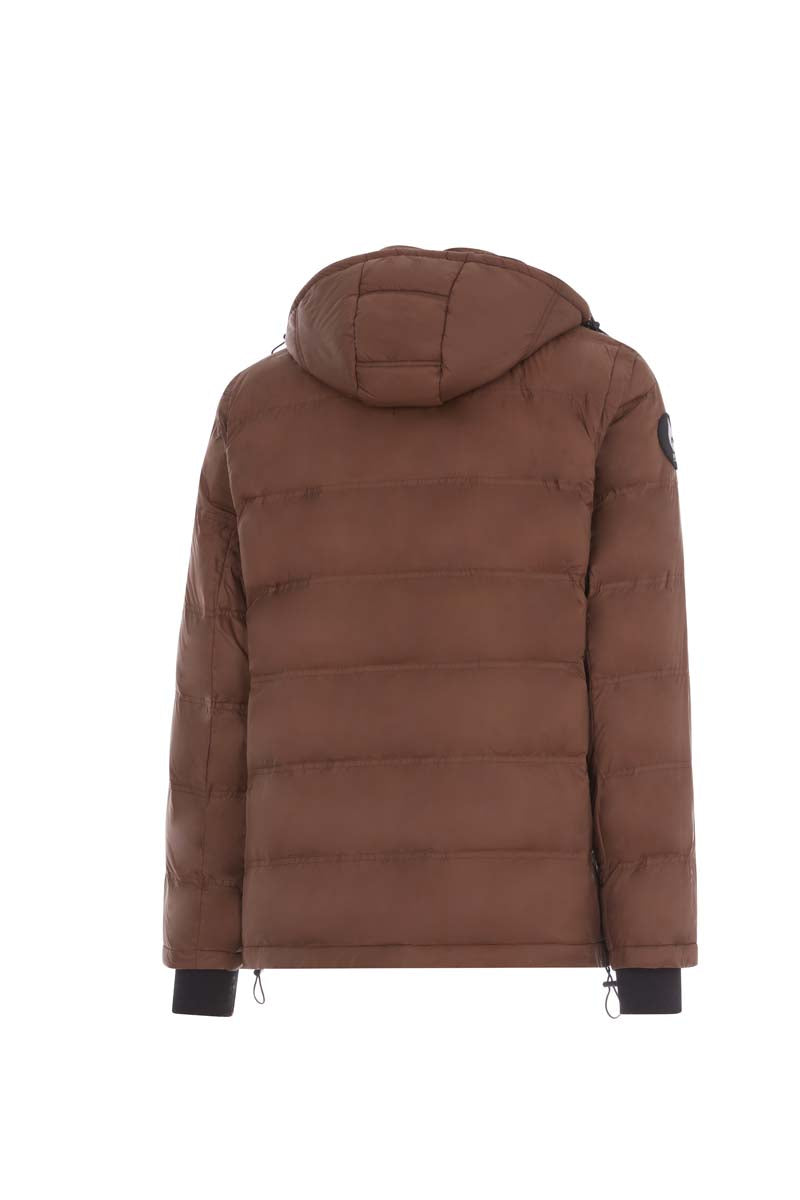 Brown puffer jacket with a hood on a white background
