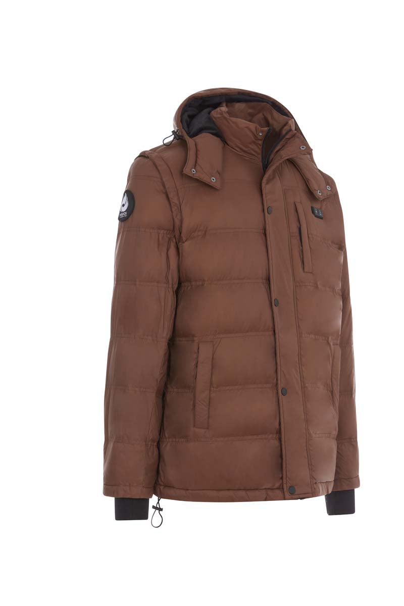 Brown winter jacket with a hood on a white background