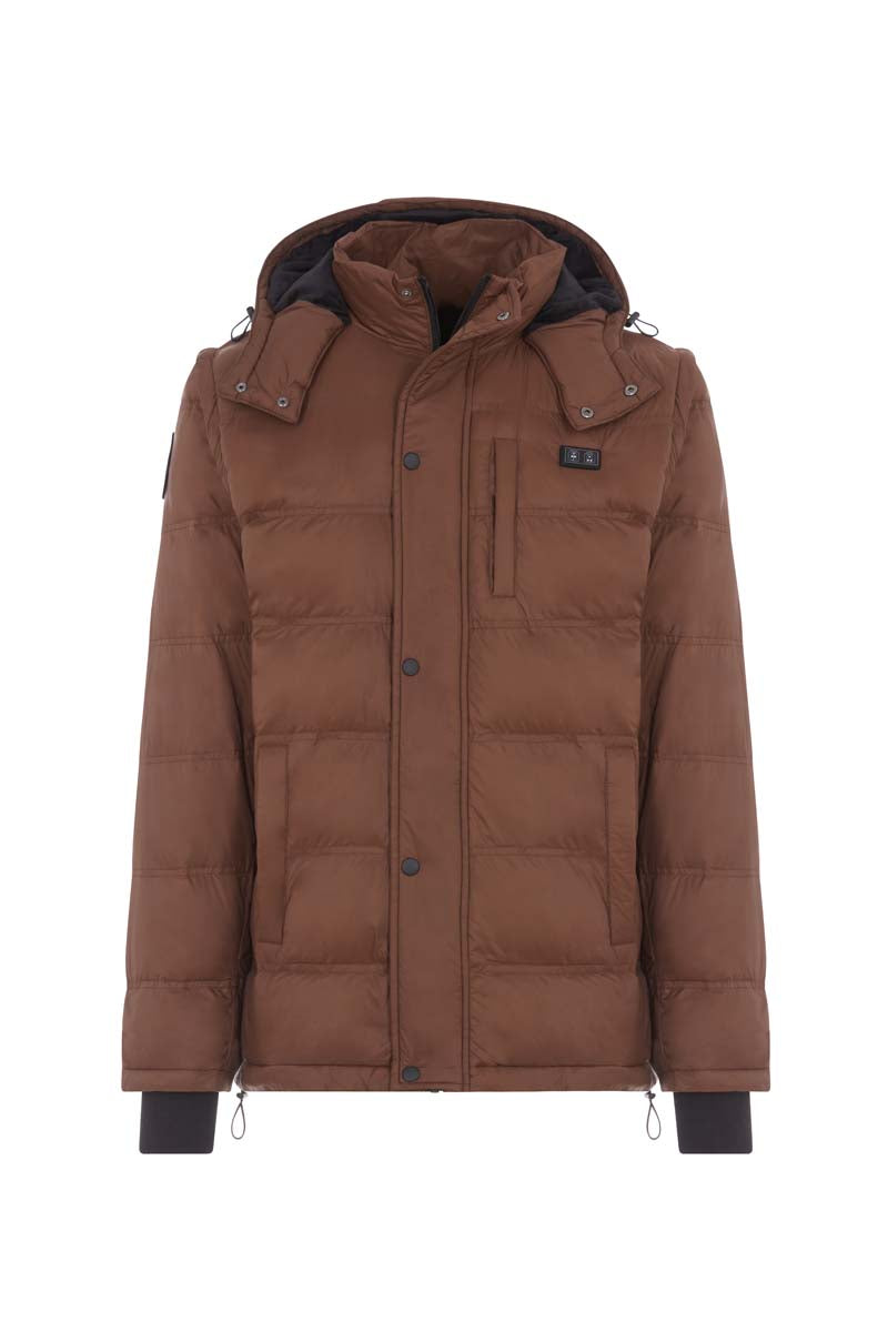 Brown winter jacket with a hood on a white background