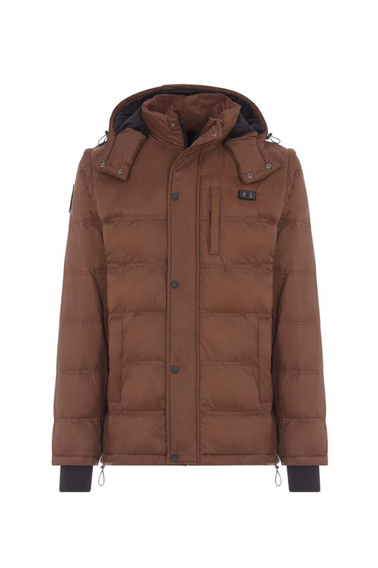 Brown winter jacket with a hood on a white background