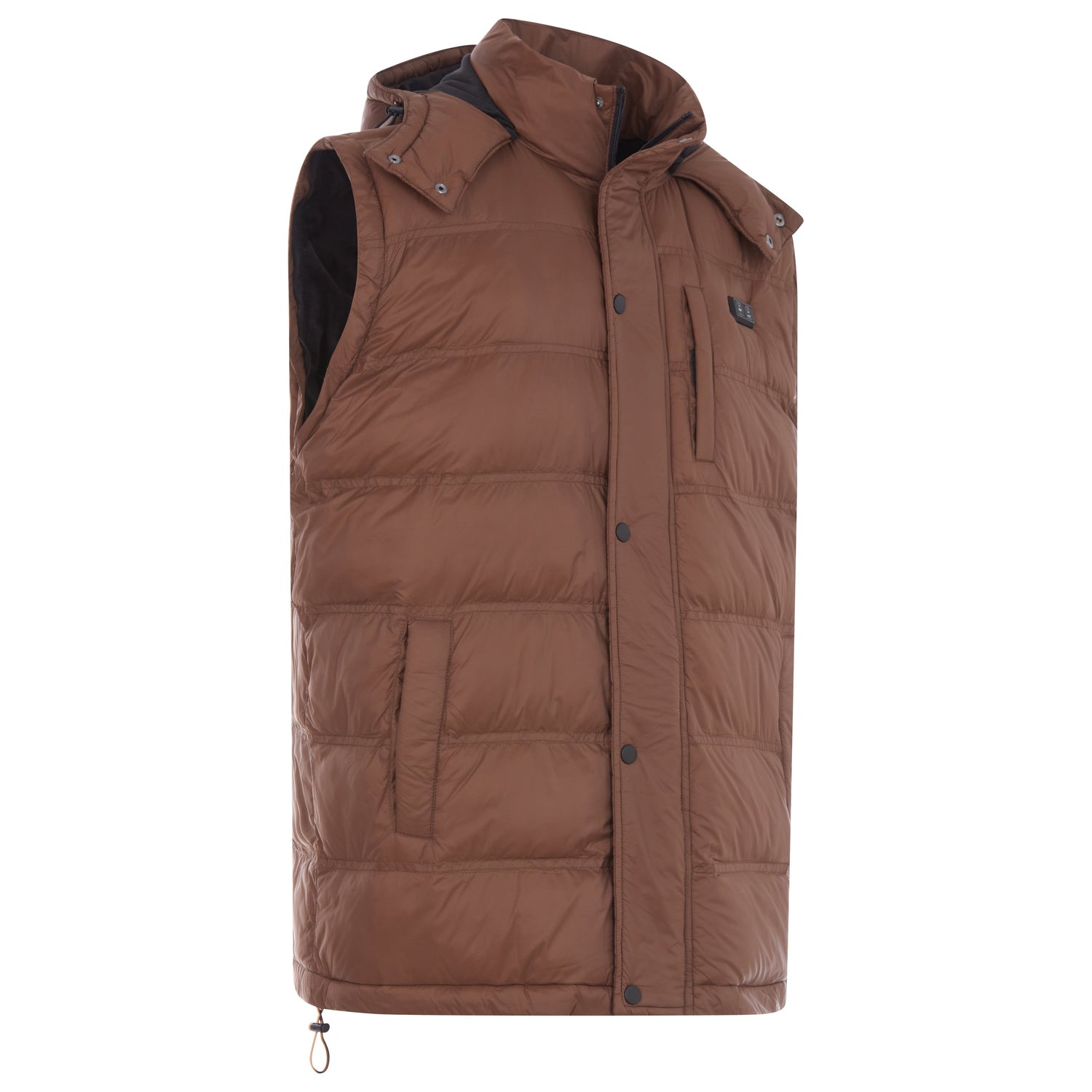 Brown puffer vest with a hood on a white background