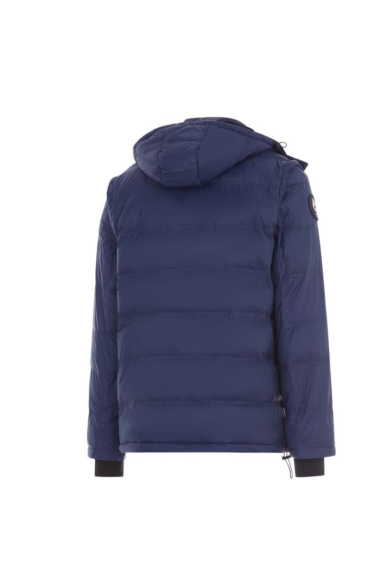 Blue puffer jacket with a hood on a white background