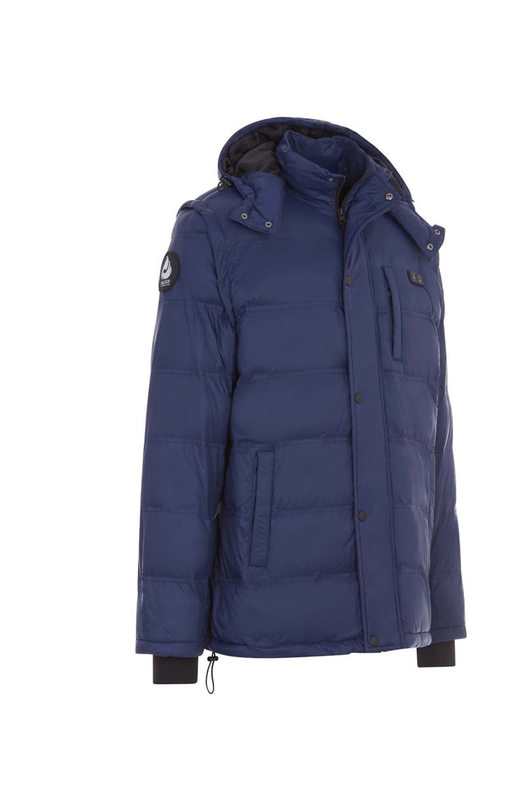 Blue winter jacket with a hood on a white background