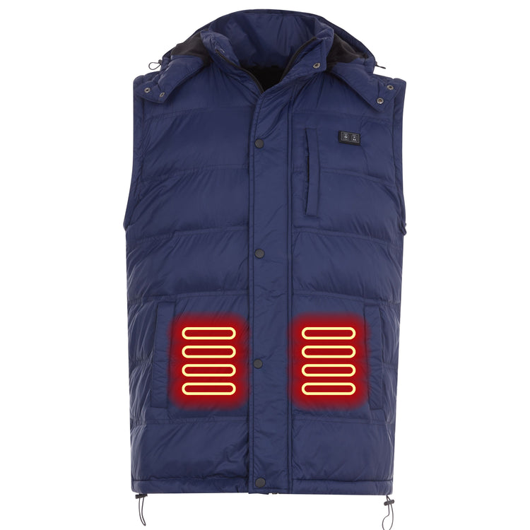 Blue heated vest with glowing red heating elements on a white background