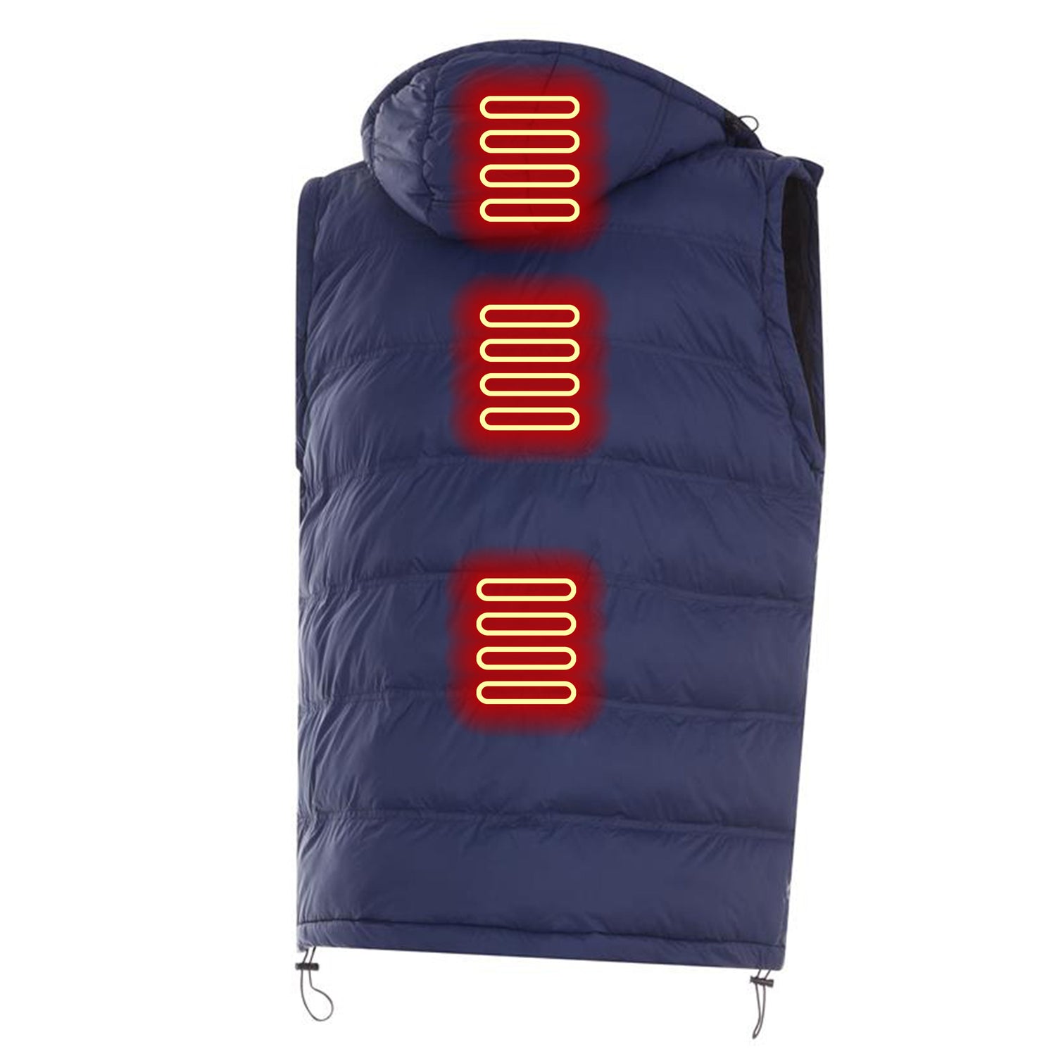 Navy blue heated vest with glowing red heating elements on a white background