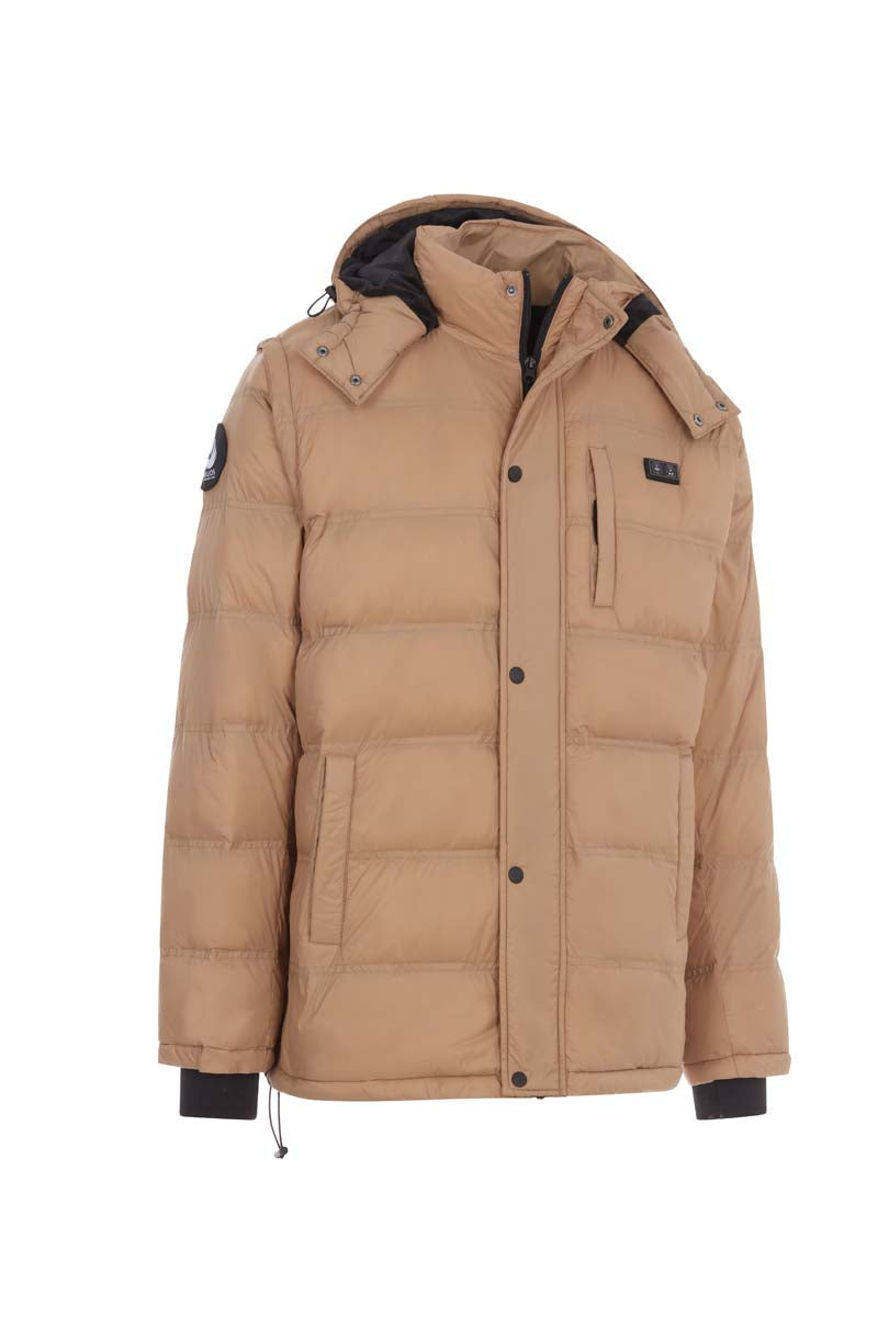 Tan puffer jacket with a hood on a white background