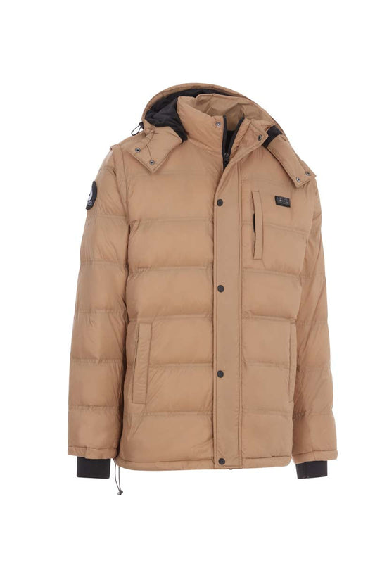 Beige winter coat with black accents on a white background