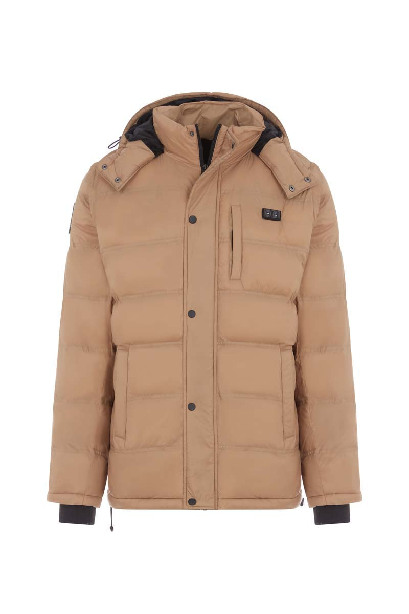 Tan winter jacket with a hood on a white background