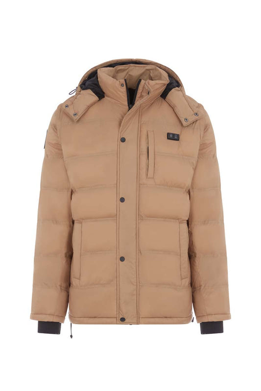 Beige winter coat with black accents on a white background