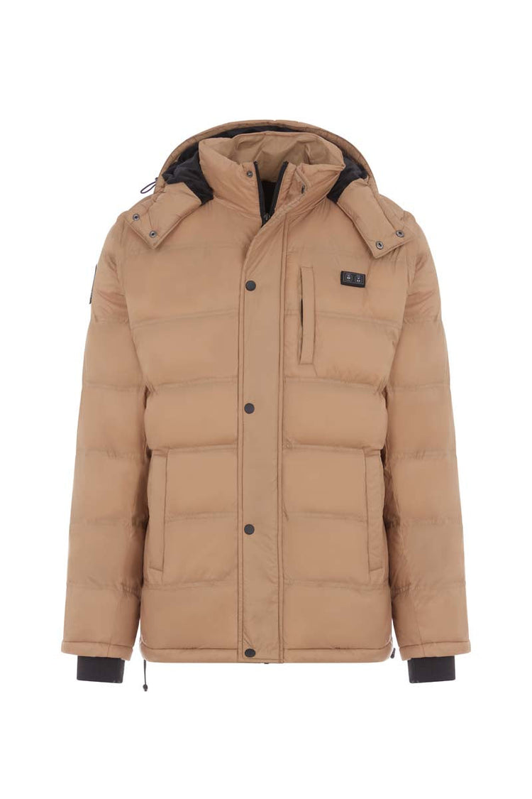 Tan winter jacket with a hood on a white background