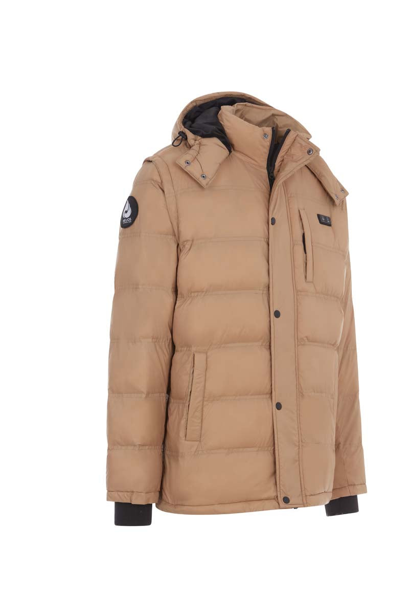 Beige winter coat with black accents on a white background
