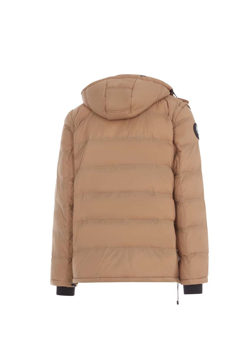 Beige puffer jacket with a hood on a white background