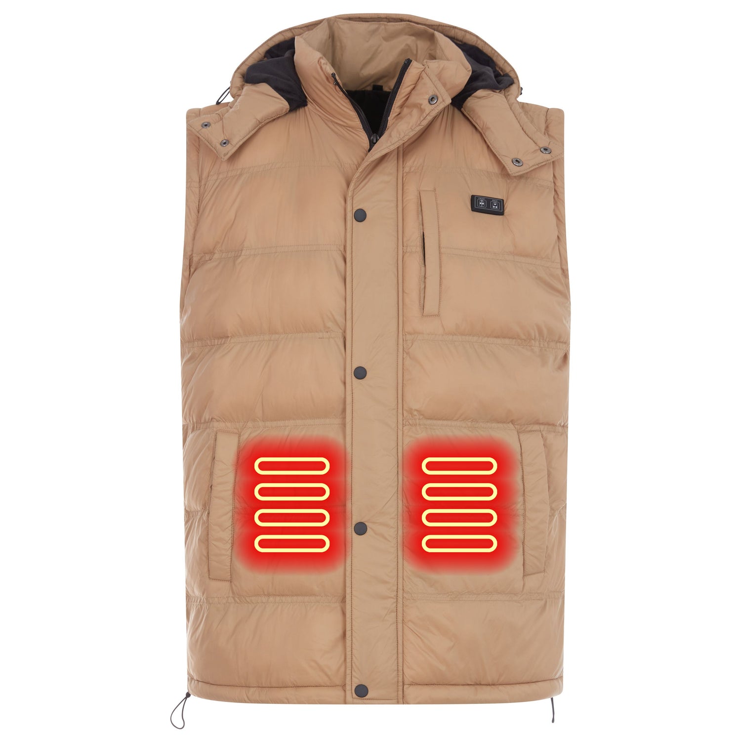 Beige heated vest with glowing red heating elements on a white background
