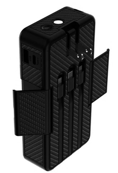 A black carbon-fiber-textured dual-port power bank with an attached fold-out side clip, shown on a plain white background.