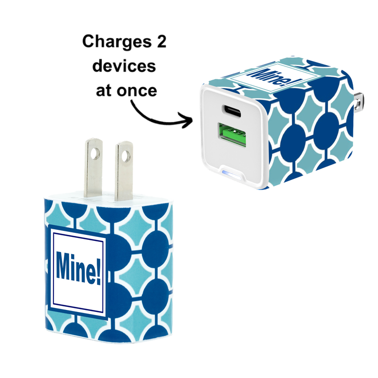 Mine! - Blue Dot Dual USB A & USB C Quick Charger 20W Gift Set with White Cable