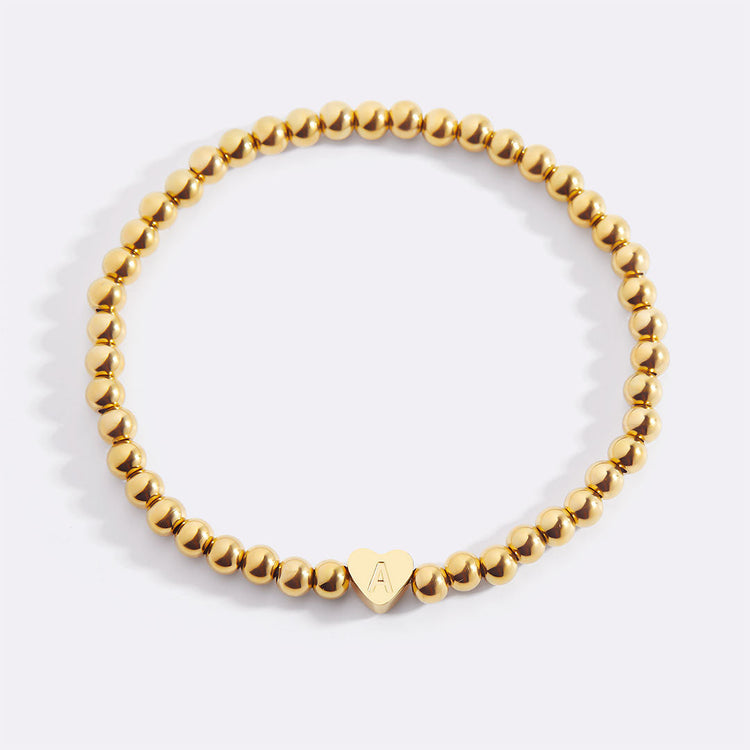 Gold Beaded Bracelet with Heart Initial (GOLD, 6.5")