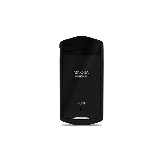 A black Minolta MiniFlip V14G cosmetic airless pump bottle shown from the back against a plain white background.