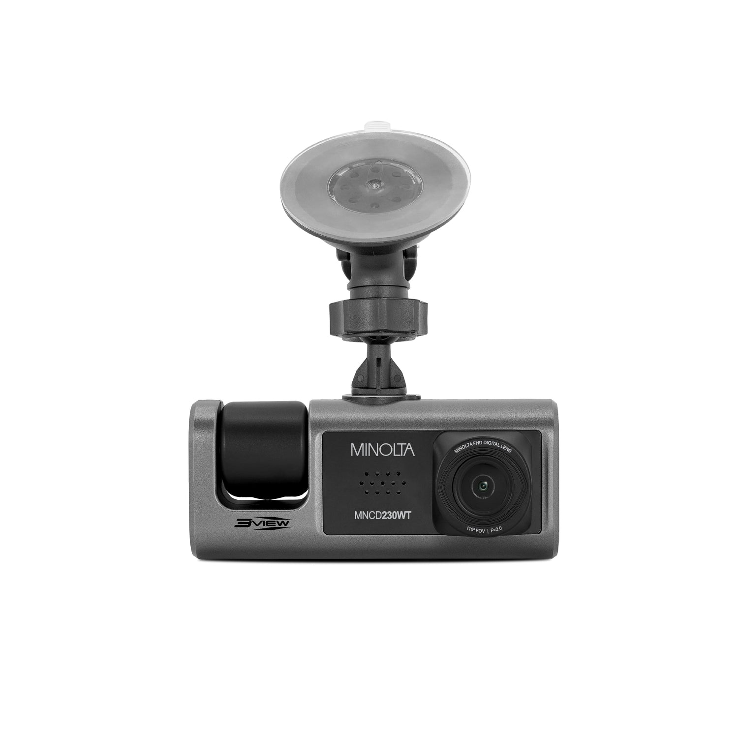 Car dashboard camera with Minolta branding on a white background
